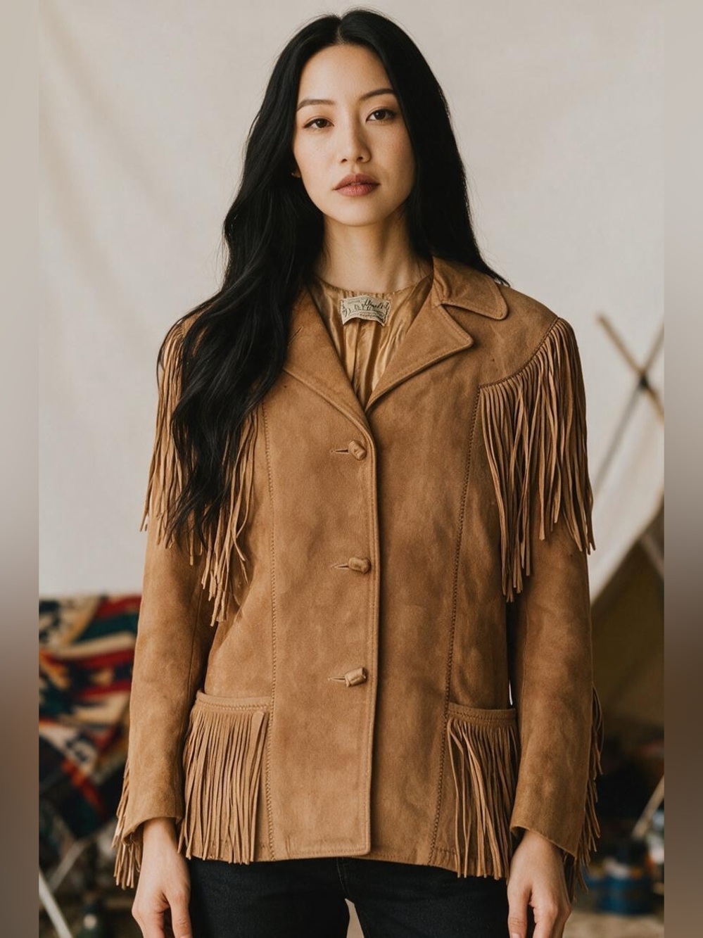 Vintage Desert Suede Tan Fringe Blazer Size 12 flawed